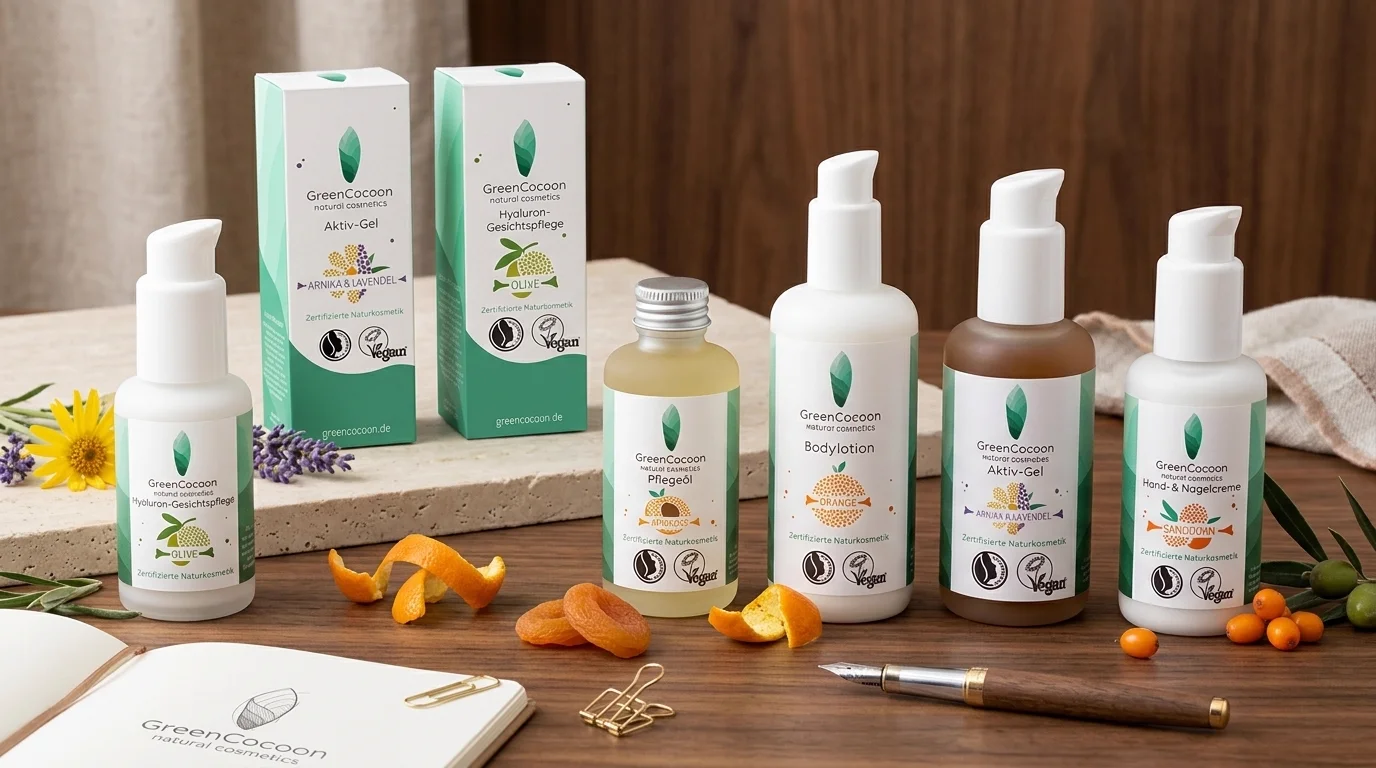 GreenCocoon-Produktfamilie mit Pflegeöl, Bodylotion, Aktiv-Gel, Hand- und Nagelcreme sowie Gesichtspflege-Boxen auf Holztisch, dazu Aprikosen, Orangenschalen und ein Notizbuch