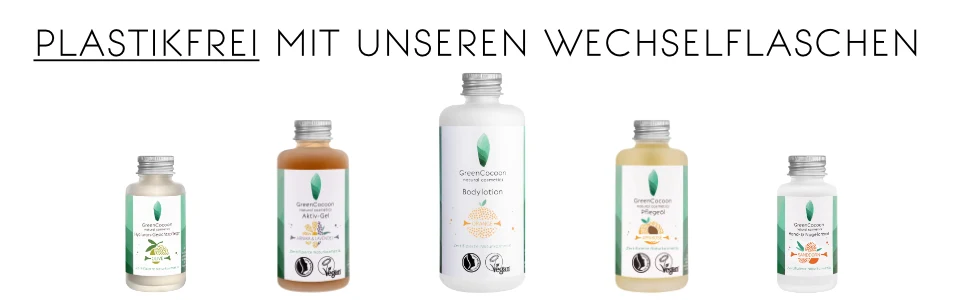 Fünf Wechselflaschen nebeneinander unter der Zeile „Plastikfrei mit unseren Wechselflaschen“