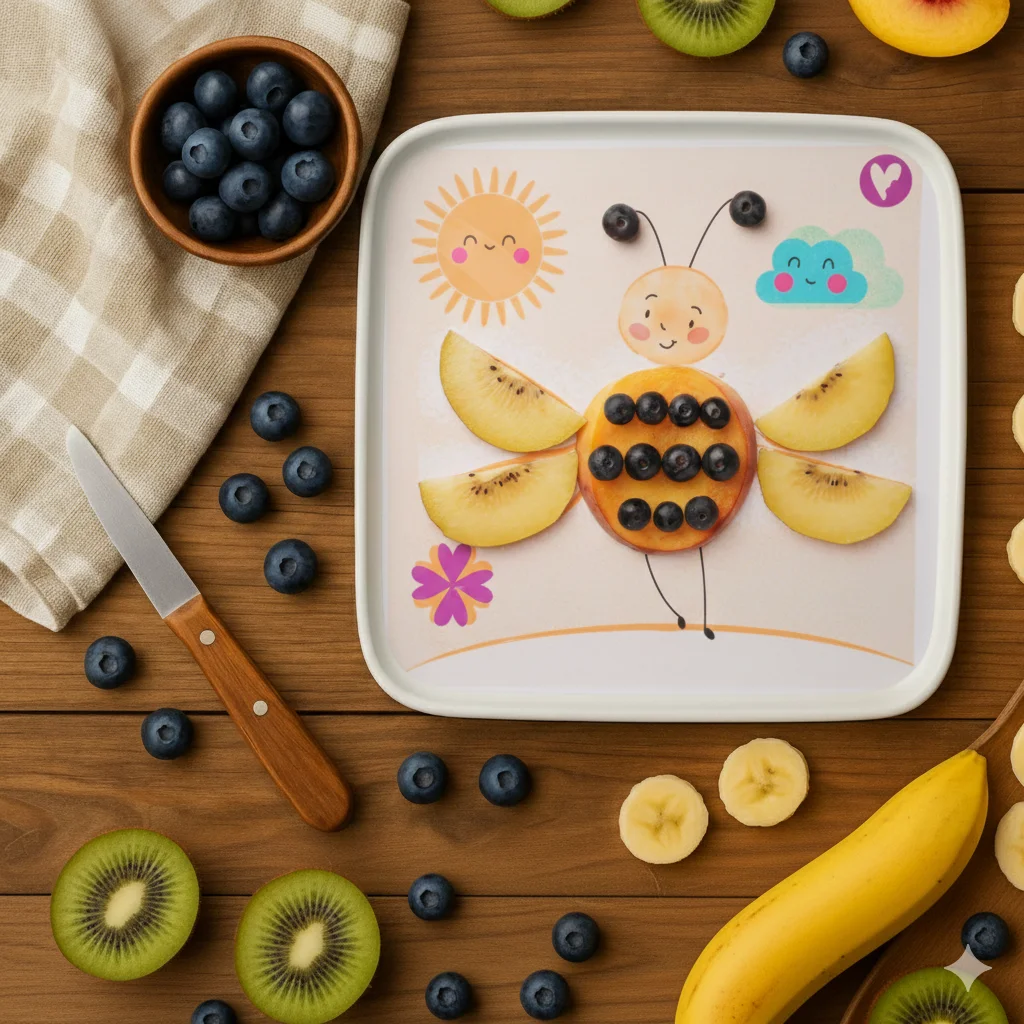Biene, gelegt aus Pfirsichscheibe, Kiwispalten und Blaubeeren