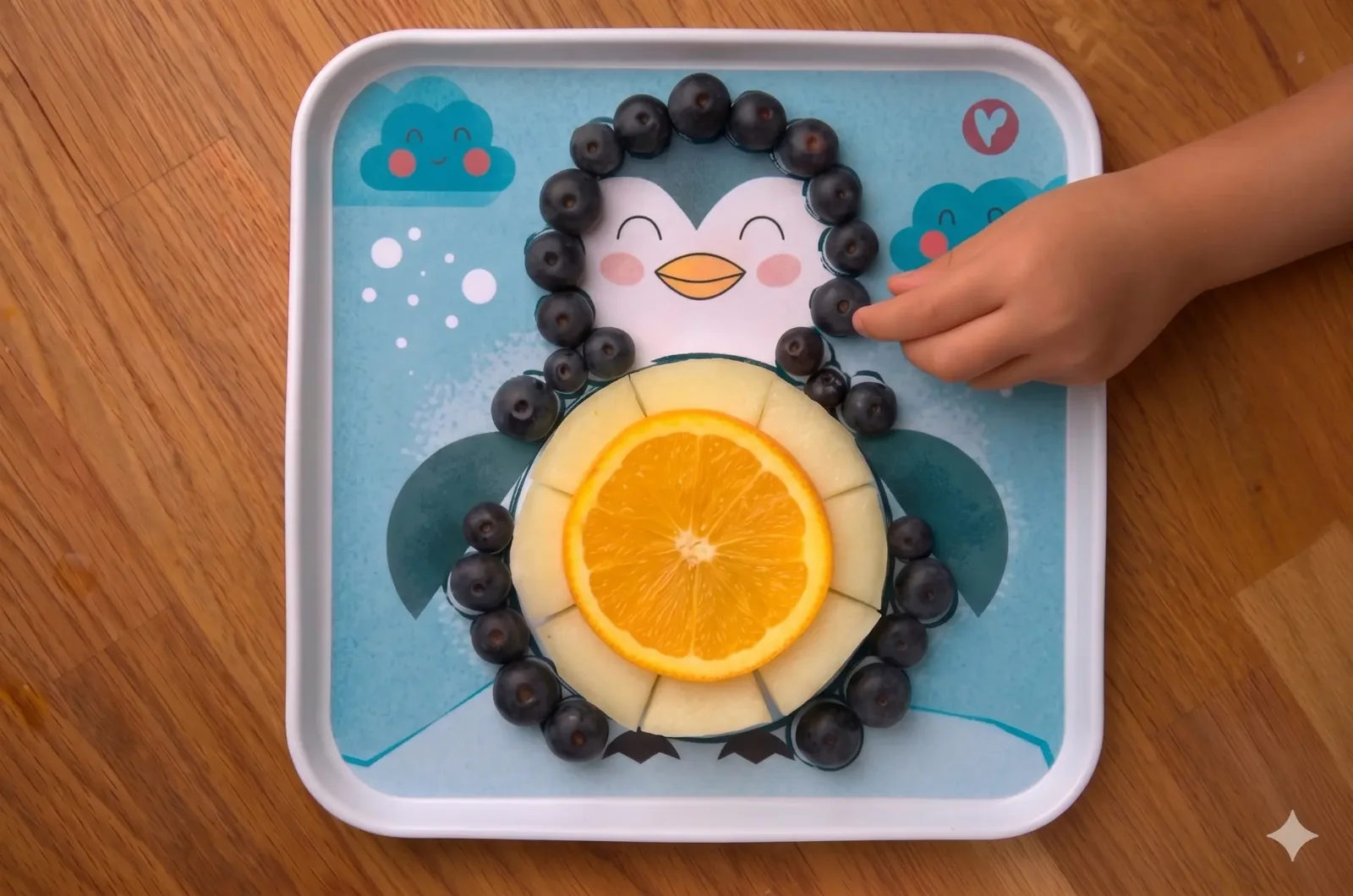 Kinderhand legt eine Blaubeere auf das Pinguinmotiv