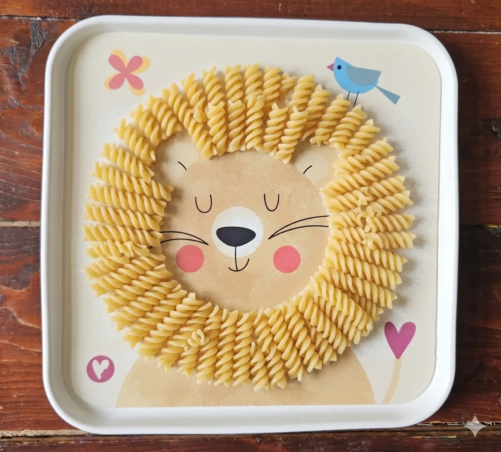 Löwenteller, dessen Mähne aus gekochten Fusilli-Nudeln besteht
