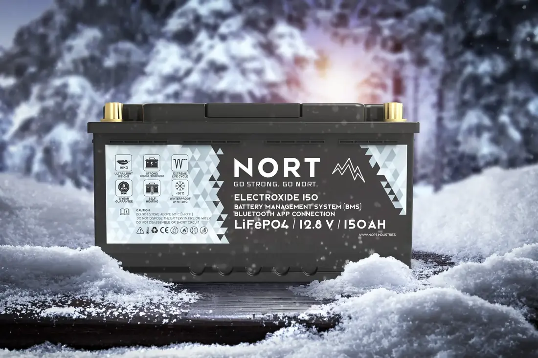 Schwarze nort-Batterie mit Etikett im Schnee, dahinter verschneiter Wald